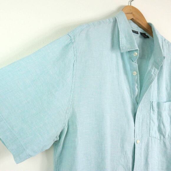 Tahari Men's L Woven Linen Button Down Shirt Short Sleeve Light Blue - Picture 2 of 8